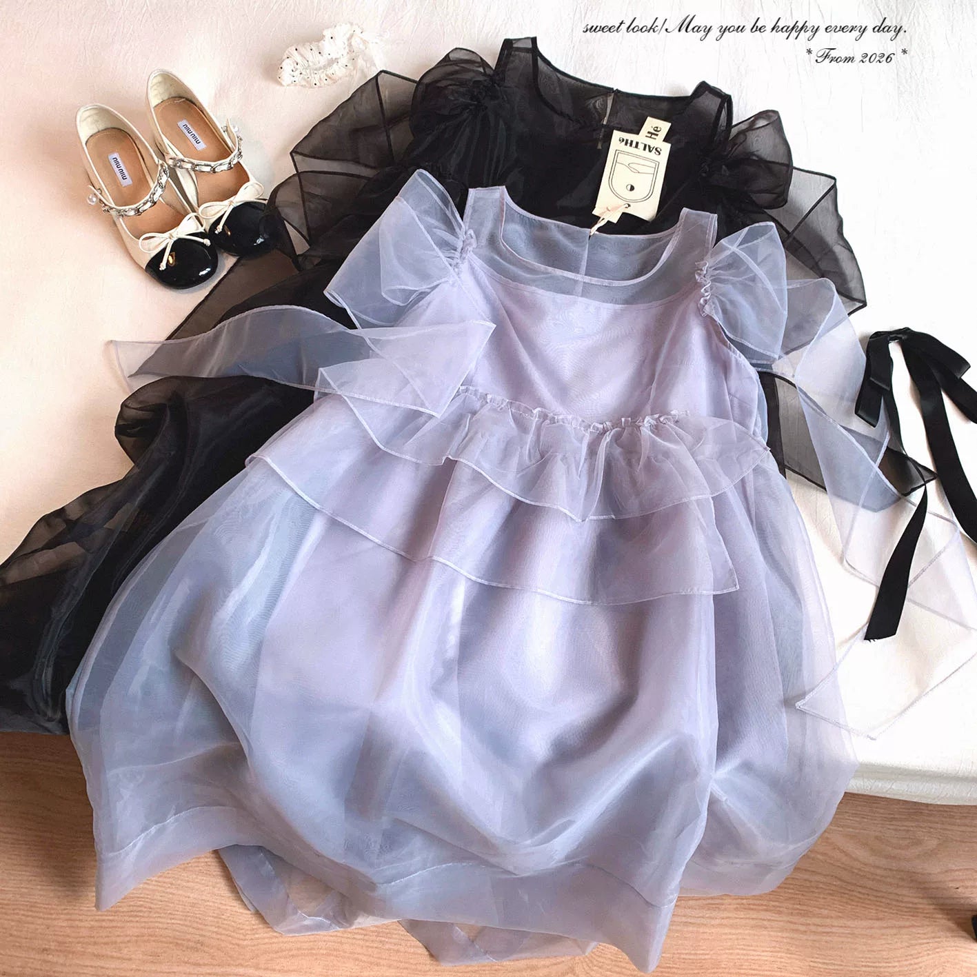 Final Clearance yc Salt* Sweet Bowknot Crew Neck Solid Color Sheer Chiffon Tulle Slip Dress