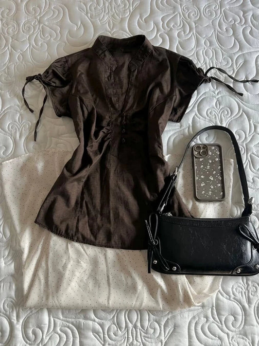 French Vintage Slimming V-Neck Puff Sleeve Blouse for Women—Summer Flattering Drawstring Chic Top
