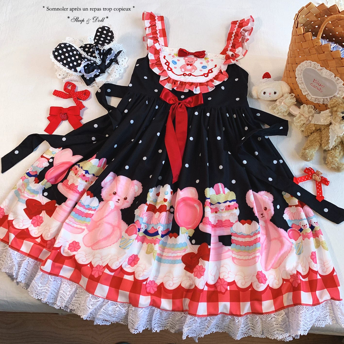Last-chance HGL Vintage Checkered Puff-Sleeve Embroidered Drool Bib Sweet Dessert Bear Polka-Dot Cami Dress