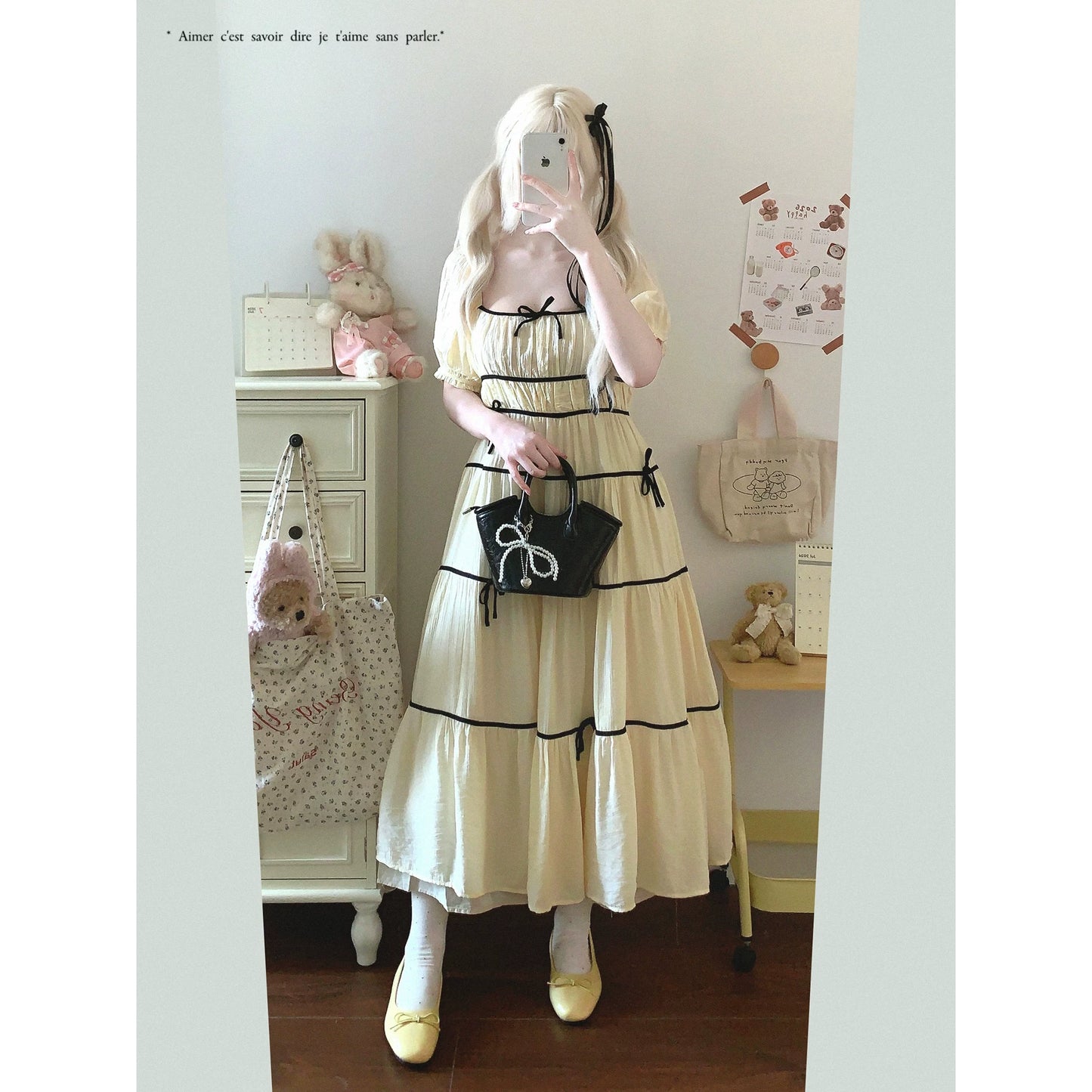 Last-Call Round-Neck Contrast Ribbon Bow Pleated High-Waisted Puff Sleeve Dress *f