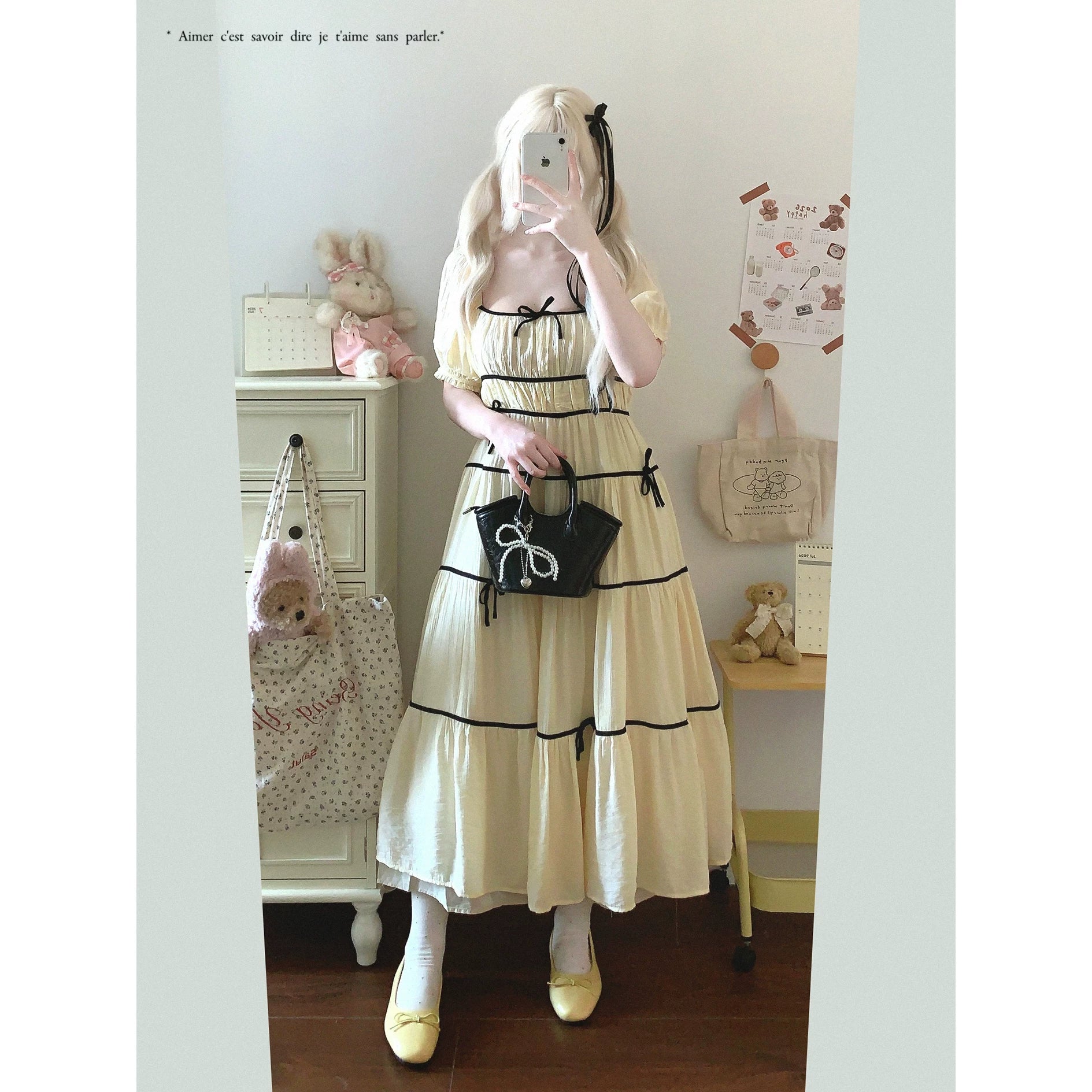 Last-Call Round-Neck Contrast Ribbon Bow Pleated High-Waisted Puff Sleeve Dress *f