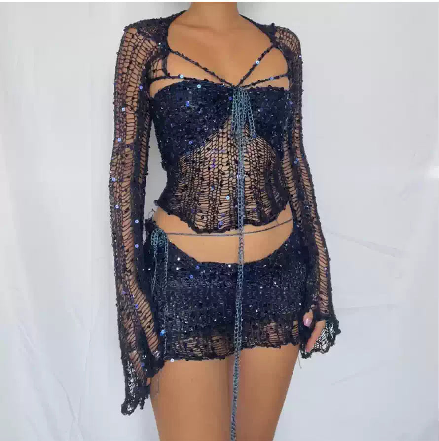 Baddie Sequined See-through Knitted Suit