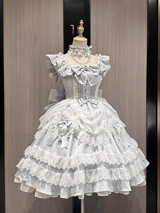 Blue “Sweet Girl” Doll-Inspired Luxurious Lace Lolita Dress Birthday Wedding Cake-Petite Princess Dress for Adult Gift
