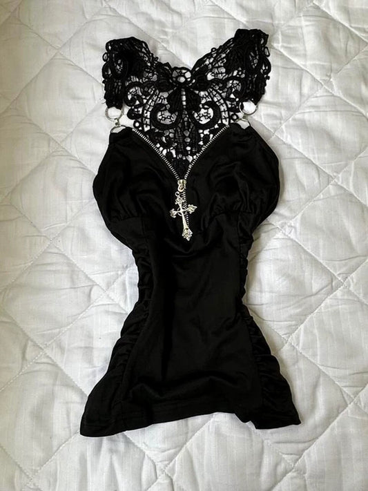 Black Contrast Lace Sexy Fitted Waist Camisole Top for Women Retro Vintage-Inspired Slimming Dressy Style New Arrival
