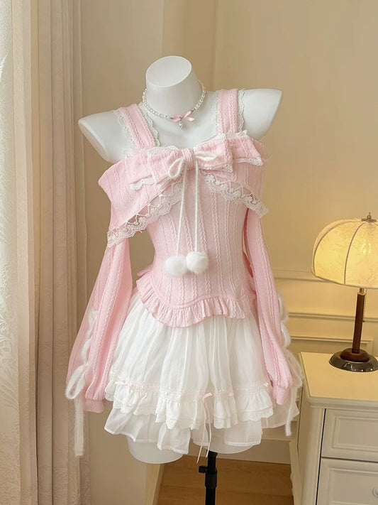 Pink Bow Off-Shoulder Top & Tiered Skirt Set | Coquette Two-Piece Outfit for Women
