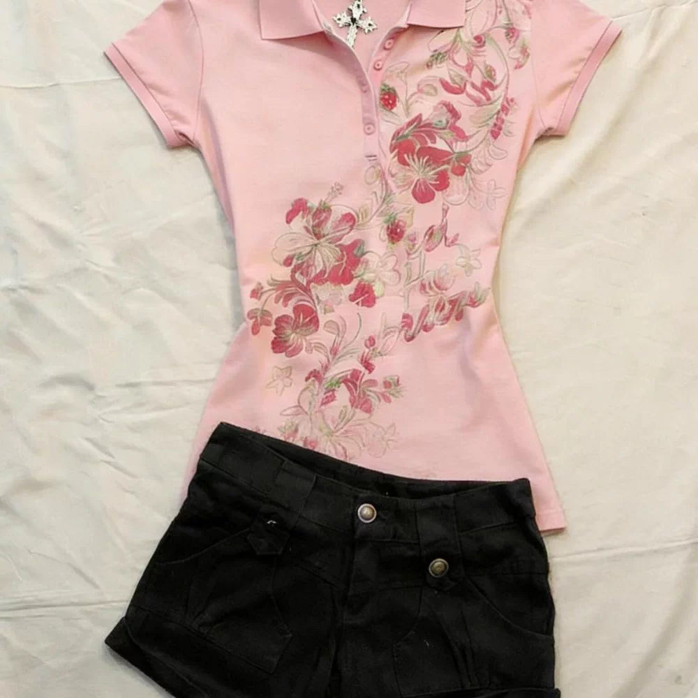 American Retro Vintage Style 2026 Summer New Pink Polo Collar Short-Sleeve Printed Slim-Fit Top