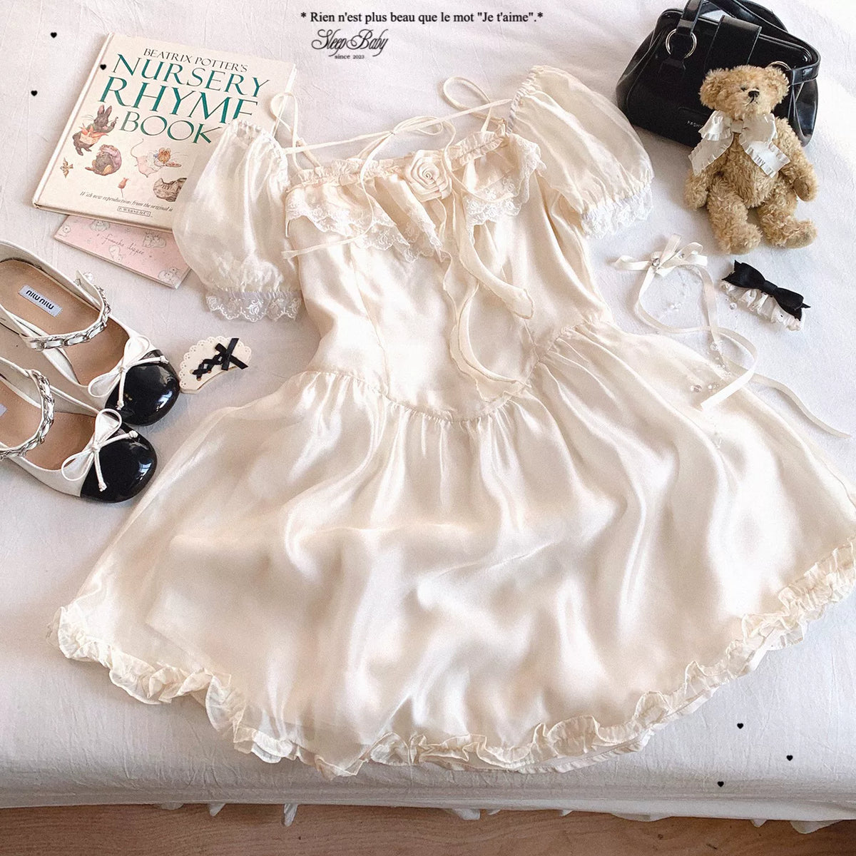 Last-Call lrgy Layered Lace 3D Rose Off-Shoulder Puff Sleeve Princess Dress