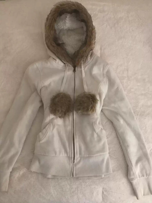 White fur collar hooded sweatshirt jacket