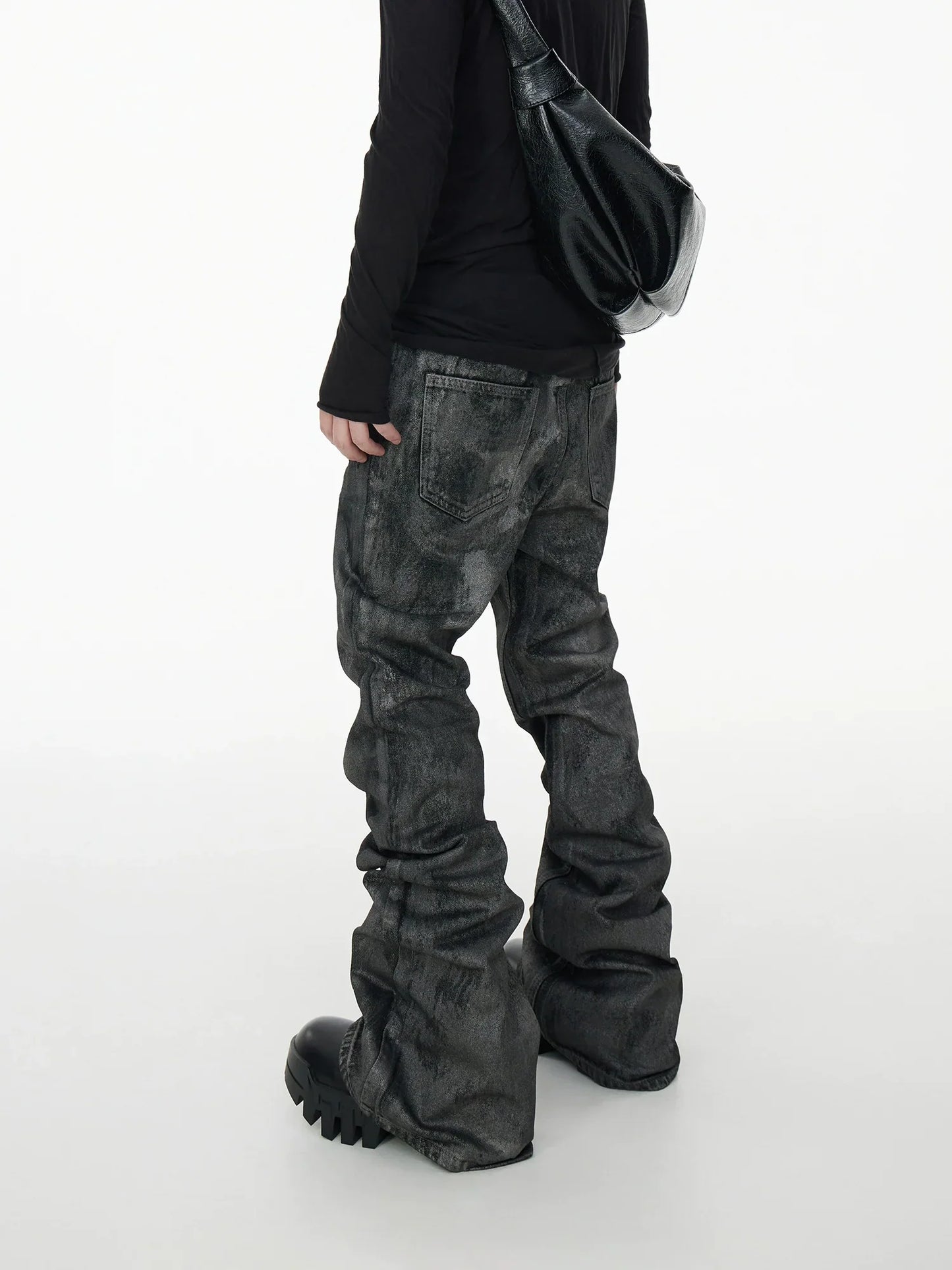 Glitter Coated Acid Wash Black Stacked Jeans