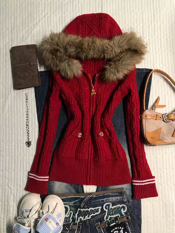 Red hooded fur collar slim sweater