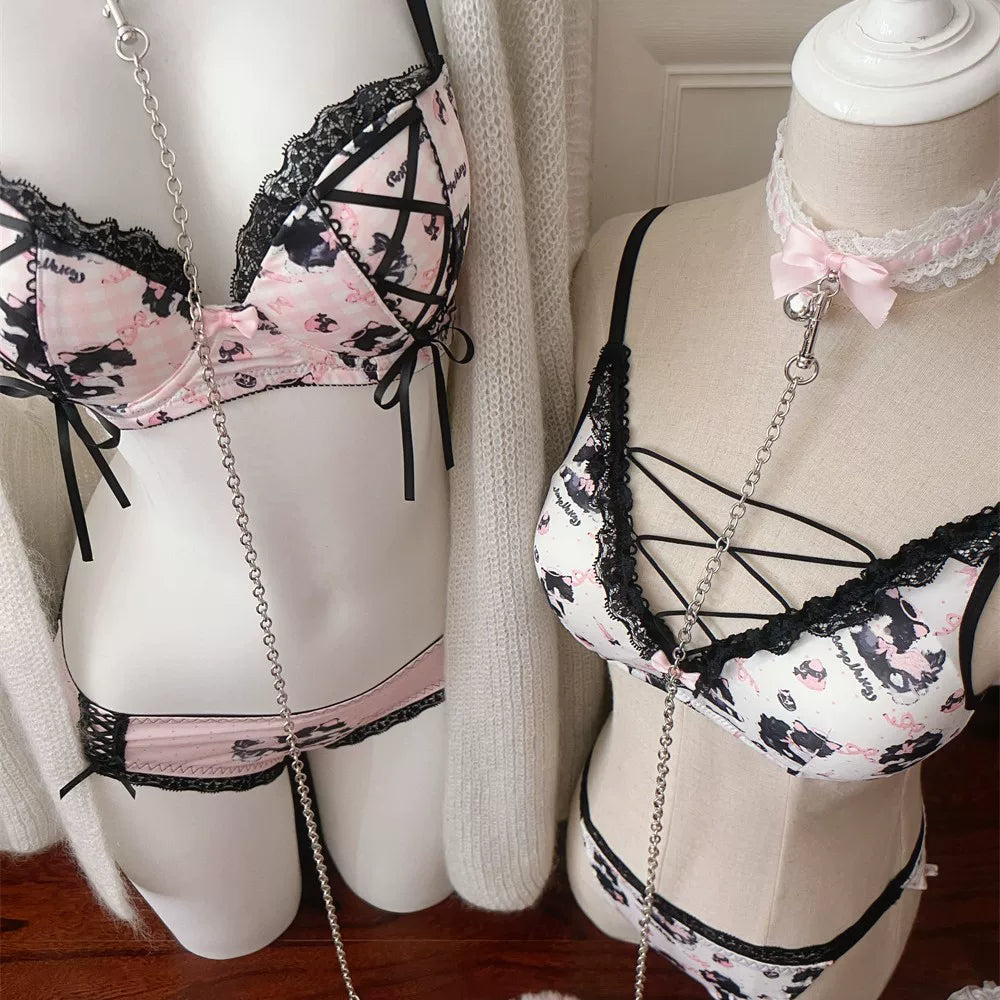 Adorable Cow Cat Sweet &amp; Sexy Cross-Tie Lace Cutout Underwire-Free Padded Uplift Bustier Bra