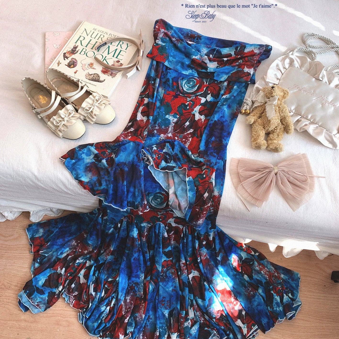 Final-Stock GDRX French Romantic Rose Print Elegant One-Shoulder Off-V-Neck Bell Sleeves Bodycon Mermaid Dress