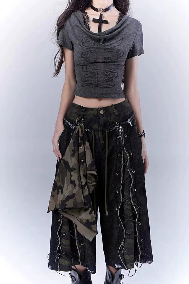 Camouflage Distressed Cropped Pants + Scarf