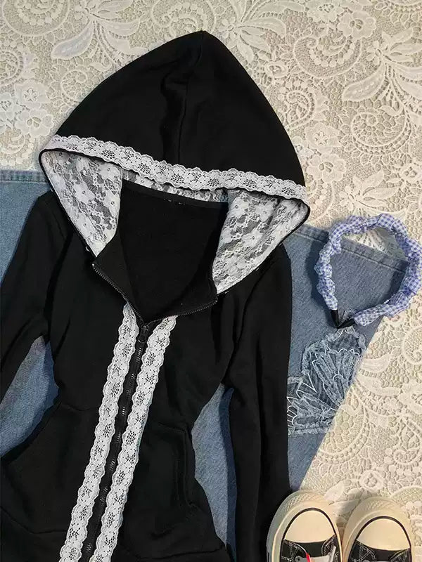 Black lace stitching sweatshirt jacket