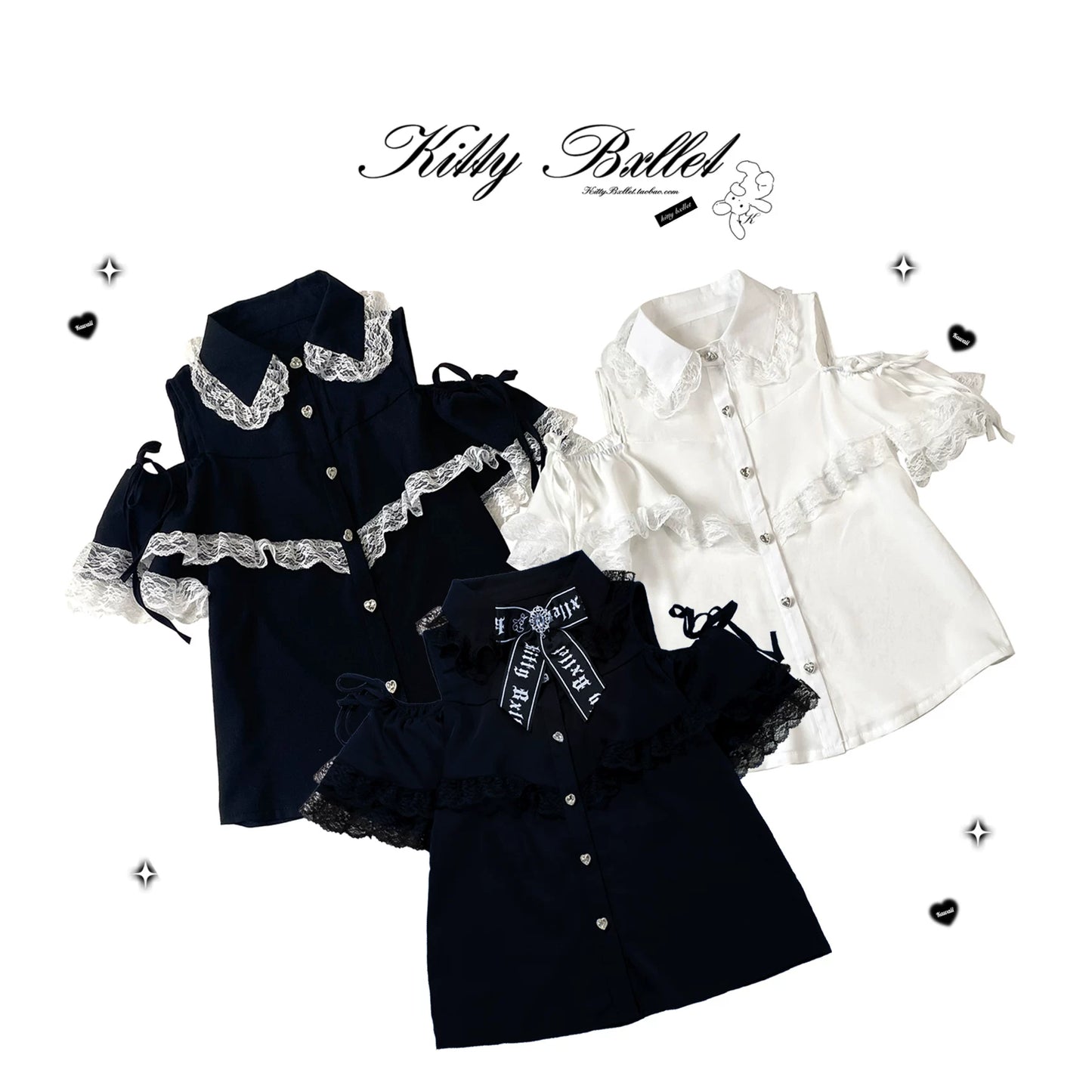 KittyBxllet Original “Heart Gem” Satin Ribbon Lace-Trim Off-Shoulder Tie Blouse