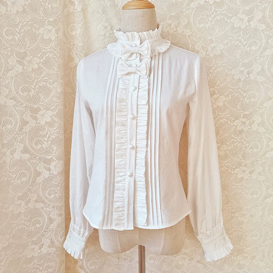 Winter Cotton Lolita Blouse White Long Sleeve Stand Collar Shirt