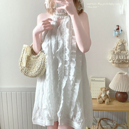 Final-batch yxt* Pearl Lace Stand Collar Contrast Peter Pan Collar Sweet “First Love” Sleeveless Dress