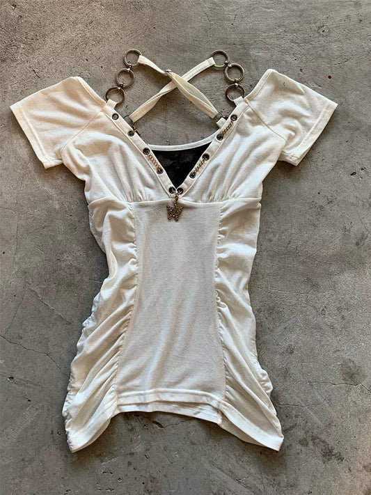 Vintage-Inspired White Short-Sleeve T-Shirt with Waist-Defining Fit, V-Neck Design-Feeling, Minimalist Solid Color for Women, Summer