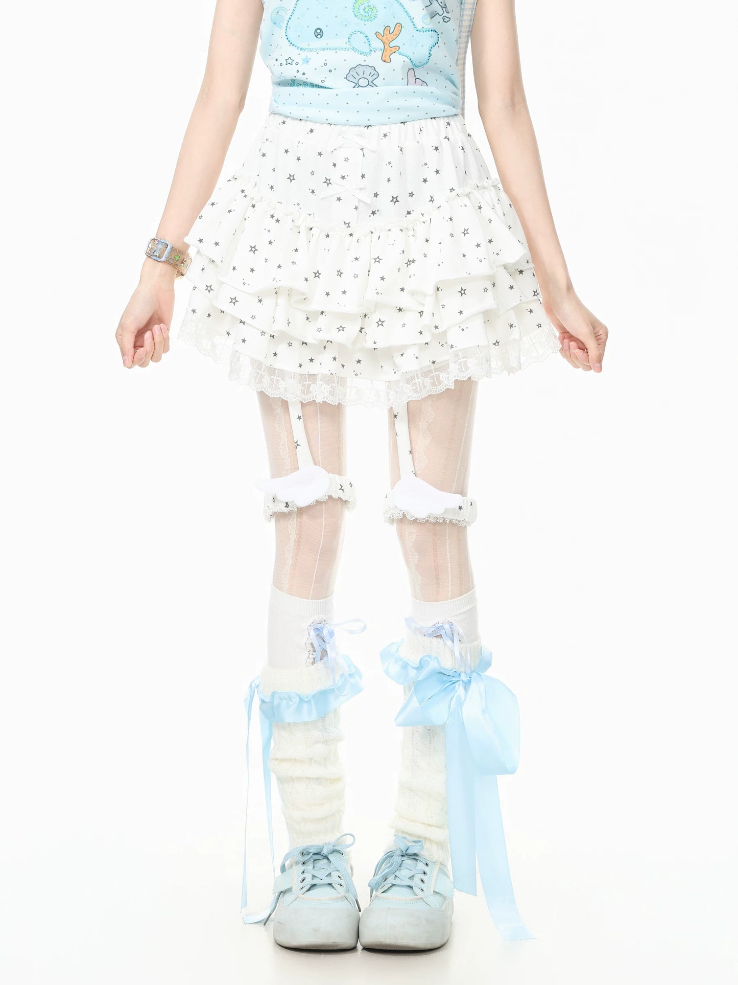 Languid Park Blue-Ghost Park Lace Flounce Petticoat Midi Skirt for Women Summer Bow Lace-Up Short Skirt