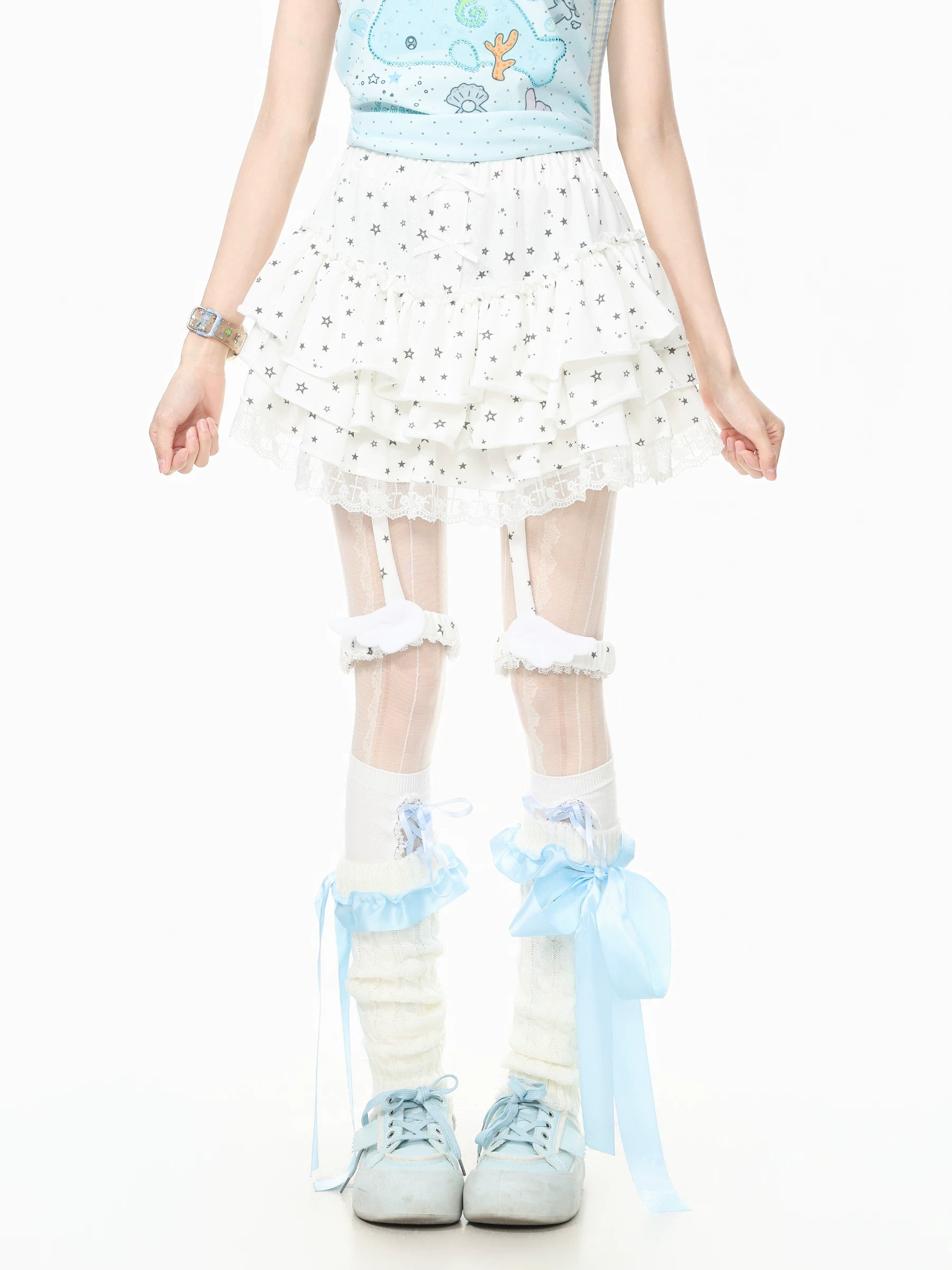 Languid Park Blue-Ghost Park Lace Flounce Petticoat Midi Skirt for Women Summer Bow Lace-Up Short Skirt