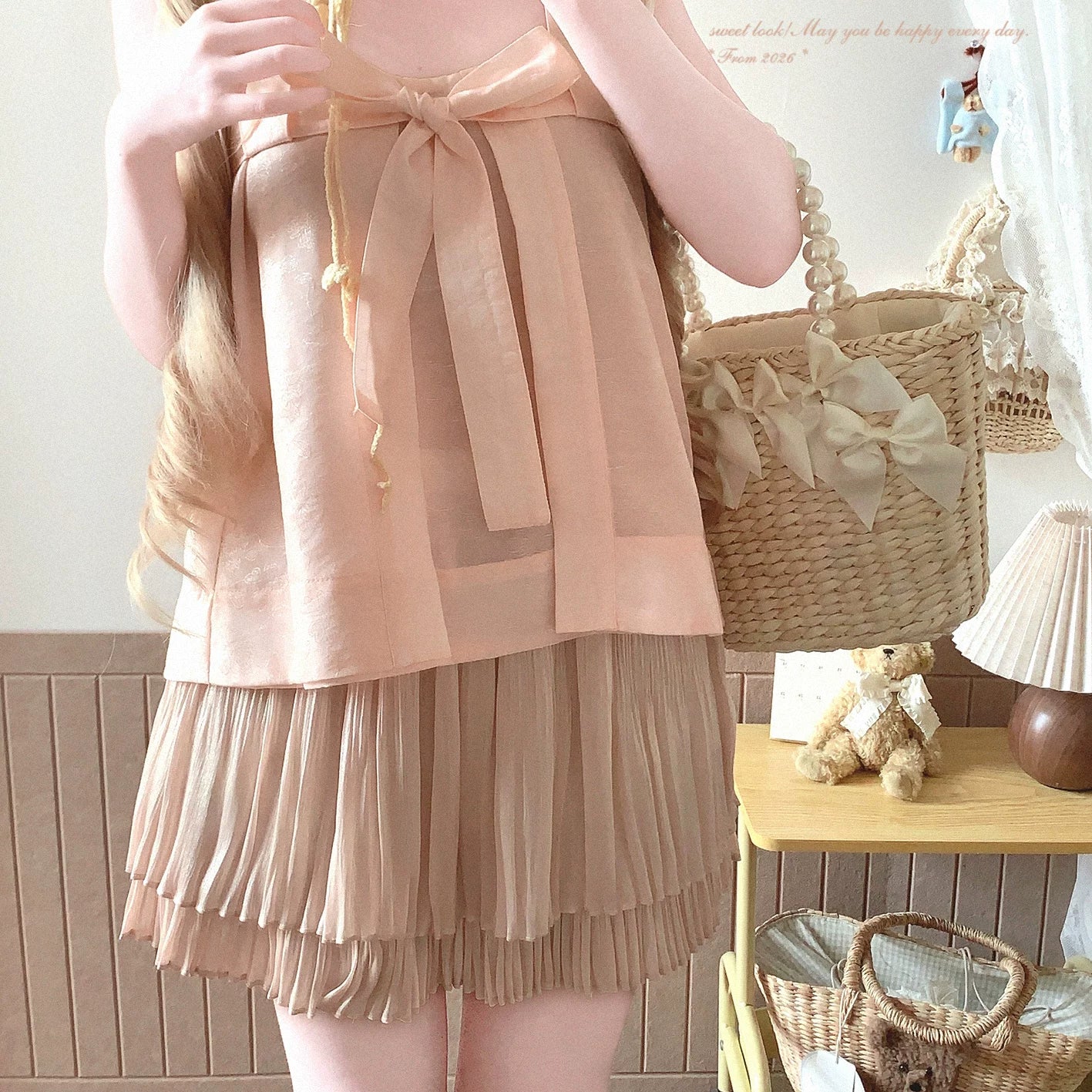 Last-piece **myyj** Cotton Elegant Chinese-Style Jacquard with Subtle Pattern, Relaxed Tie-Strap Butterfly Bow Slip Dress*