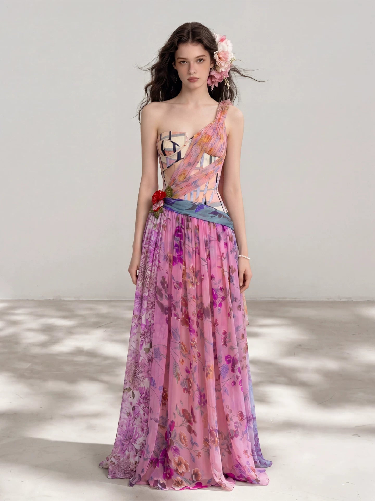 Stunning Thai Irregular Off-Shoulder Fishtail Corset-Style Bodice Floral Print Draped Cinched-Waist Dress