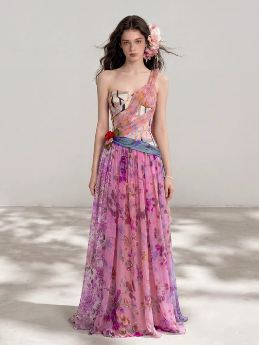 Stunning Thai Irregular Off-Shoulder Fishtail Corset-Style Bodice Floral Print Draped Cinched-Waist Dress