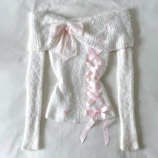 coquette bow retro one-shoulder sweater