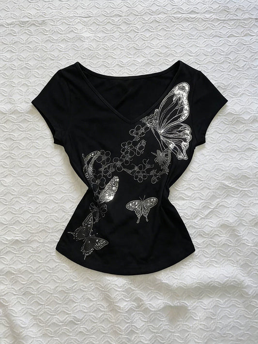 Black Sequin V-Neck Slimming Short-Sleeve T-Shirt for Women, Summer New Fashion Trend Stylish Pretty Top