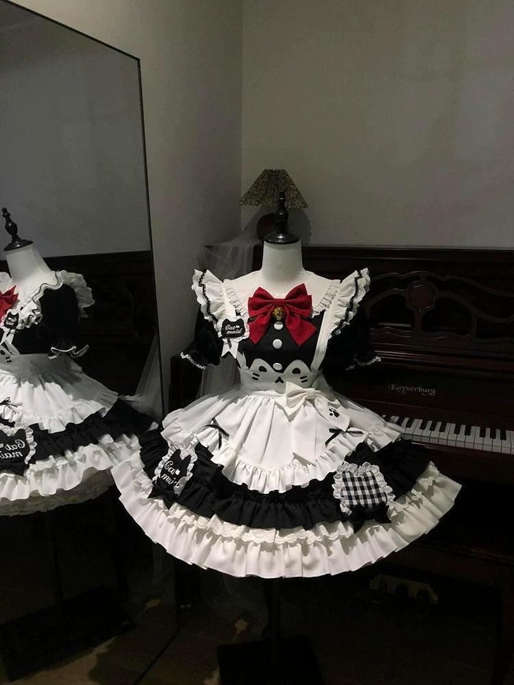 New Summer Japanese Sweet Lolita Lace Doll Collar Dress Cute Floral Print with Apron Suspender Set (2-Piece)