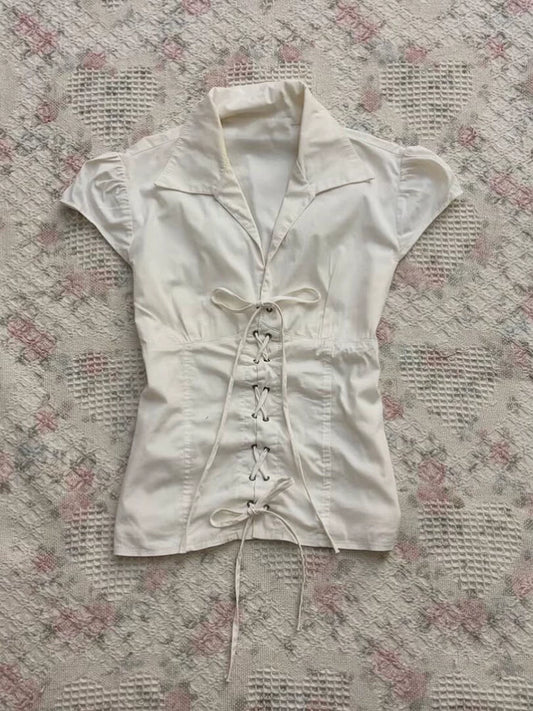 Korean-Style White Wrap Tie Cinched Waist Sweet Short-Sleeve Shirt Summer Cute Girl Outfit