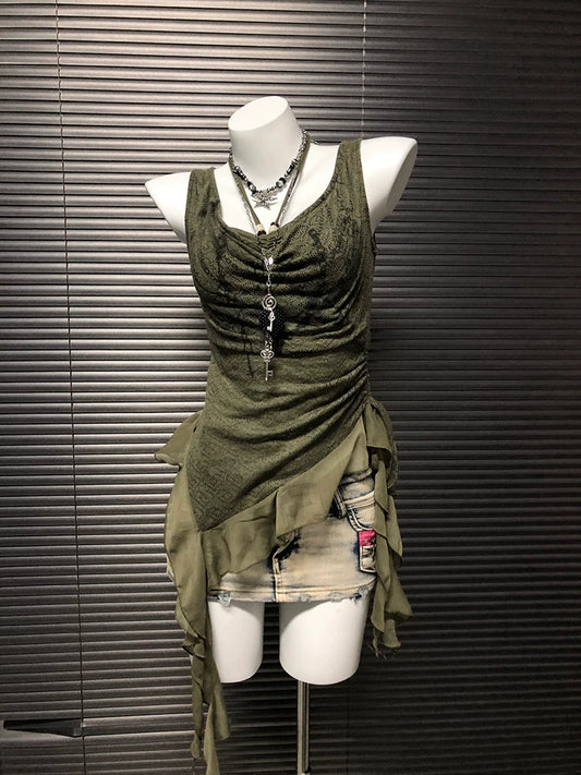 Green Vintage High-End Ruched Irregular Cami Top Summer Women Stylish Pretty