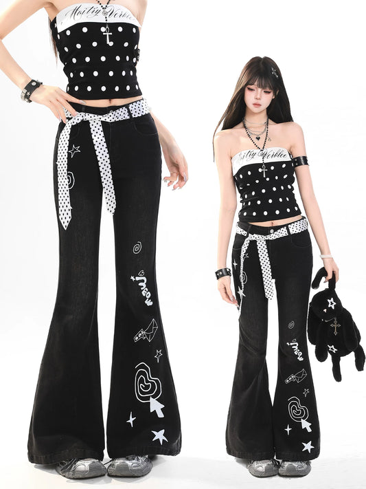 Graffiti Print Flared Jeans for Women | Y2K Low-Key Streetwear Denim