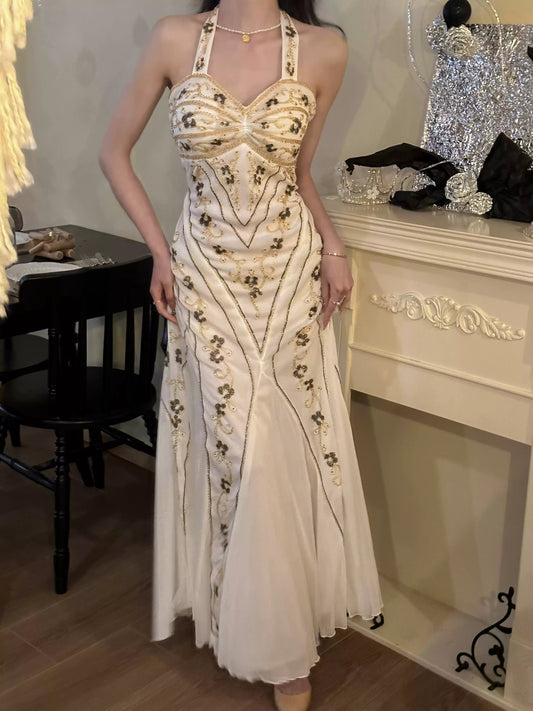 Vintage Embroidered Mermaid Backless Dress