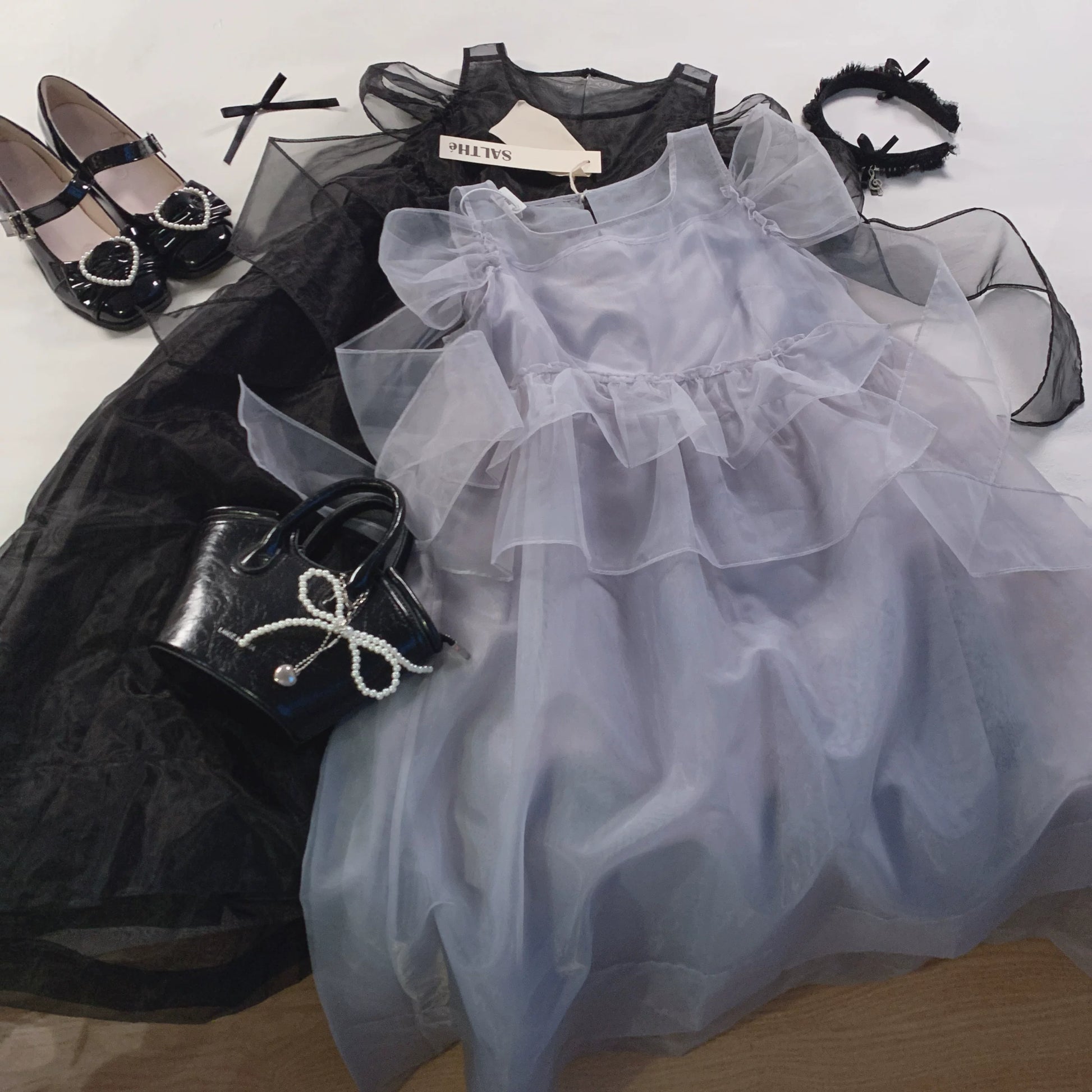Final Clearance yc Salt* Sweet Bowknot Crew Neck Solid Color Sheer Chiffon Tulle Slip Dress