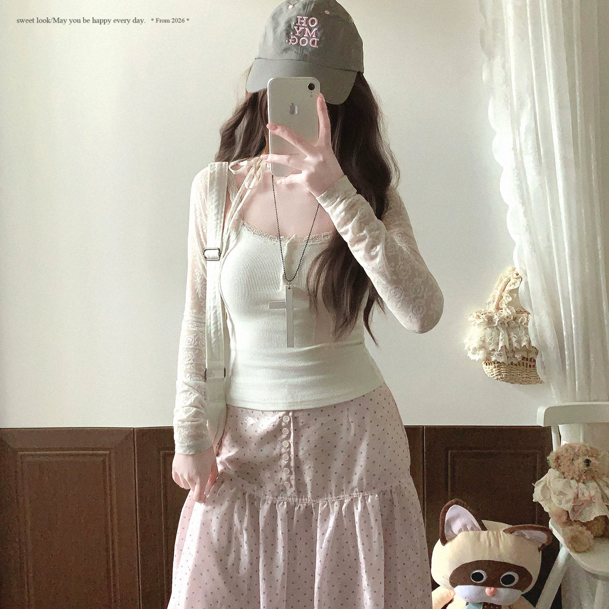 Last-Season Clearance RLQY Rose Jacquard Tie-Front Elegant Stand Collar Sheer Lace Cropped Long Sleeve Shawl Top
