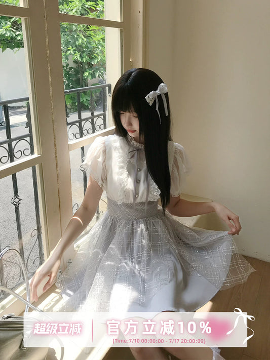 LaLa Sauce Huiyue Custom Silver Thread Plaid Tulle Dress, Clear-Look Lace Ruffle Sleeves, Flattering Irregular One-Piece Dress