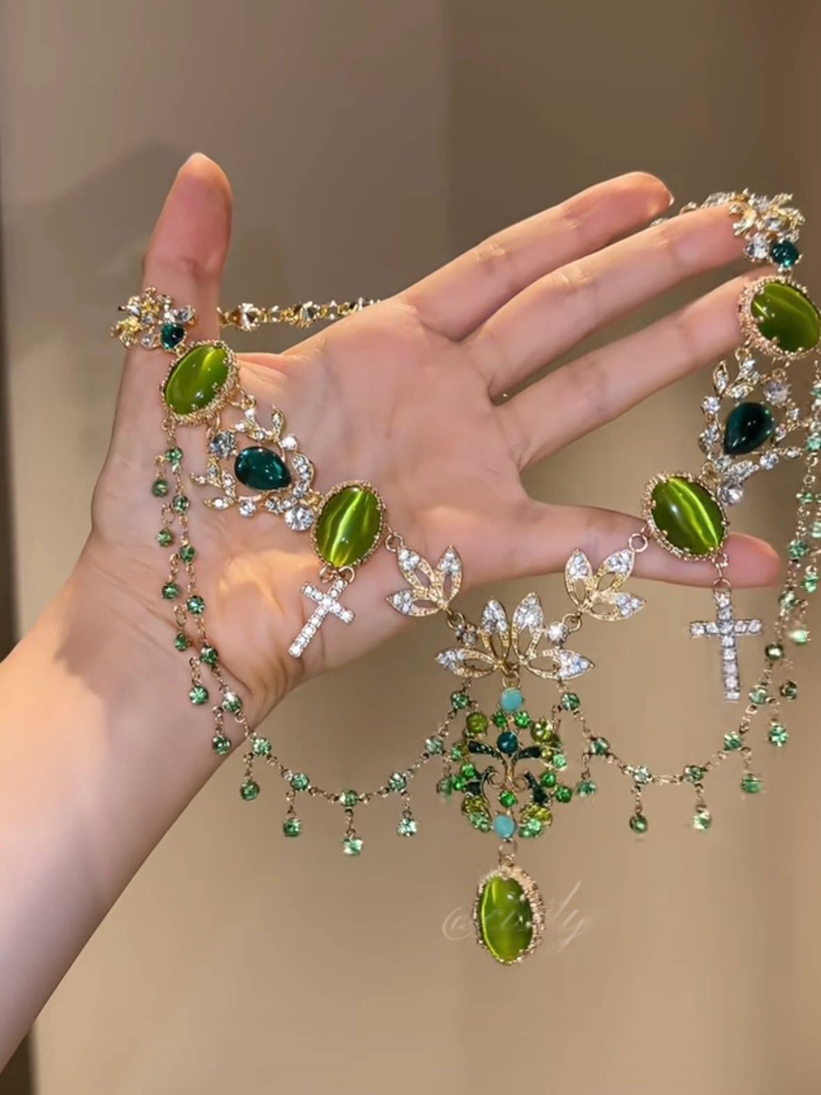 Spring/Summer Botanical Green Floral Tassel Necklace, Ornate Statement Choker, Luxe Double-Layer Necklace for Women