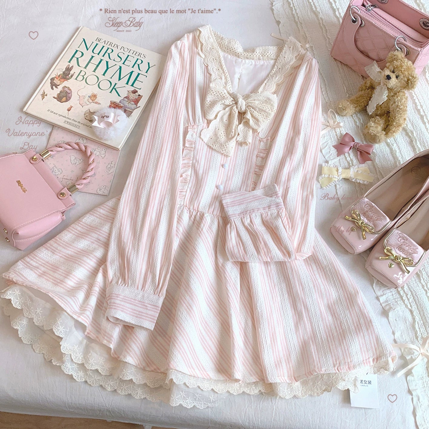 Final-stock Pure-Desire Style Sweet Vintage Lace Tie Bow Striped Patchwork Ruffle-Trim Dress