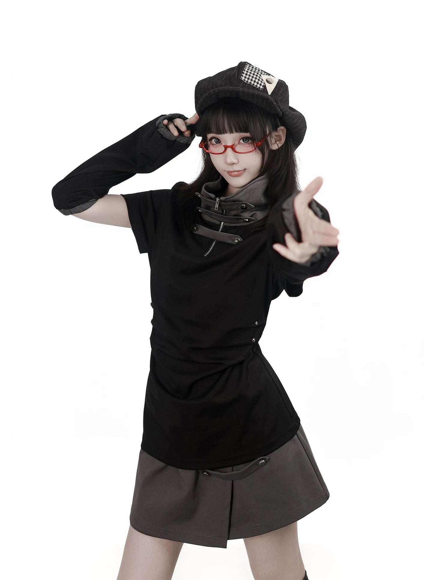 Ready-to-Ship【Grey Tuning】Black-Grey Stand Collar Summer Sleeve Cuffs Short-Sleeve Flared Skirt Waist-Length Slimming Dress for Women