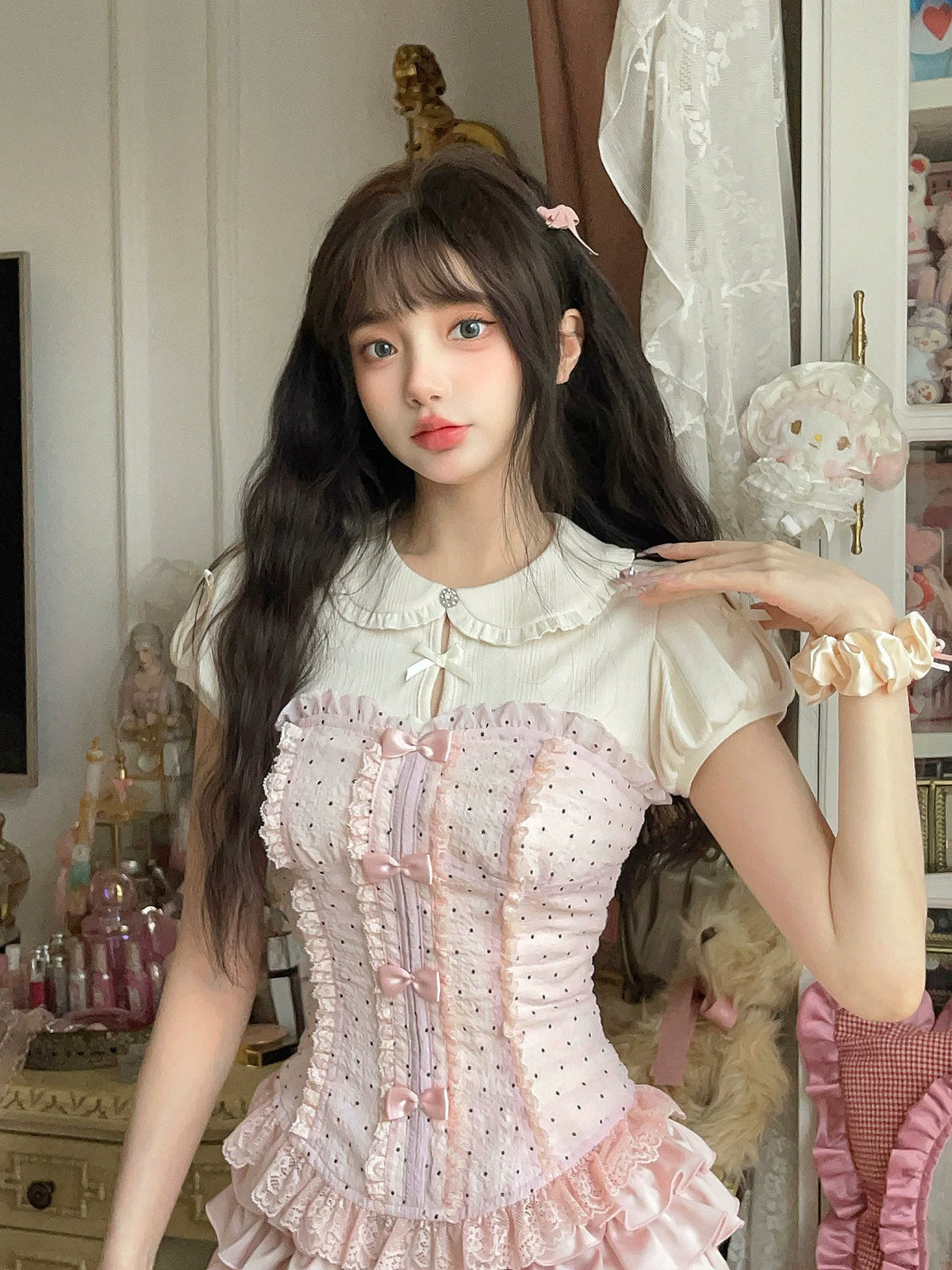 “Pinched Waist” French Girl Polka Dot Slim-Fit Chiffon Bustier Top T2324
