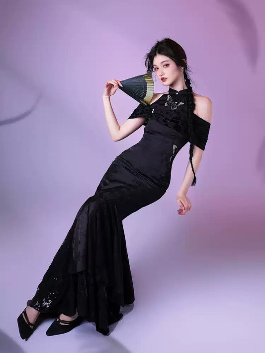 Butterfly Jacquard Fishtail Cheongsam Dress