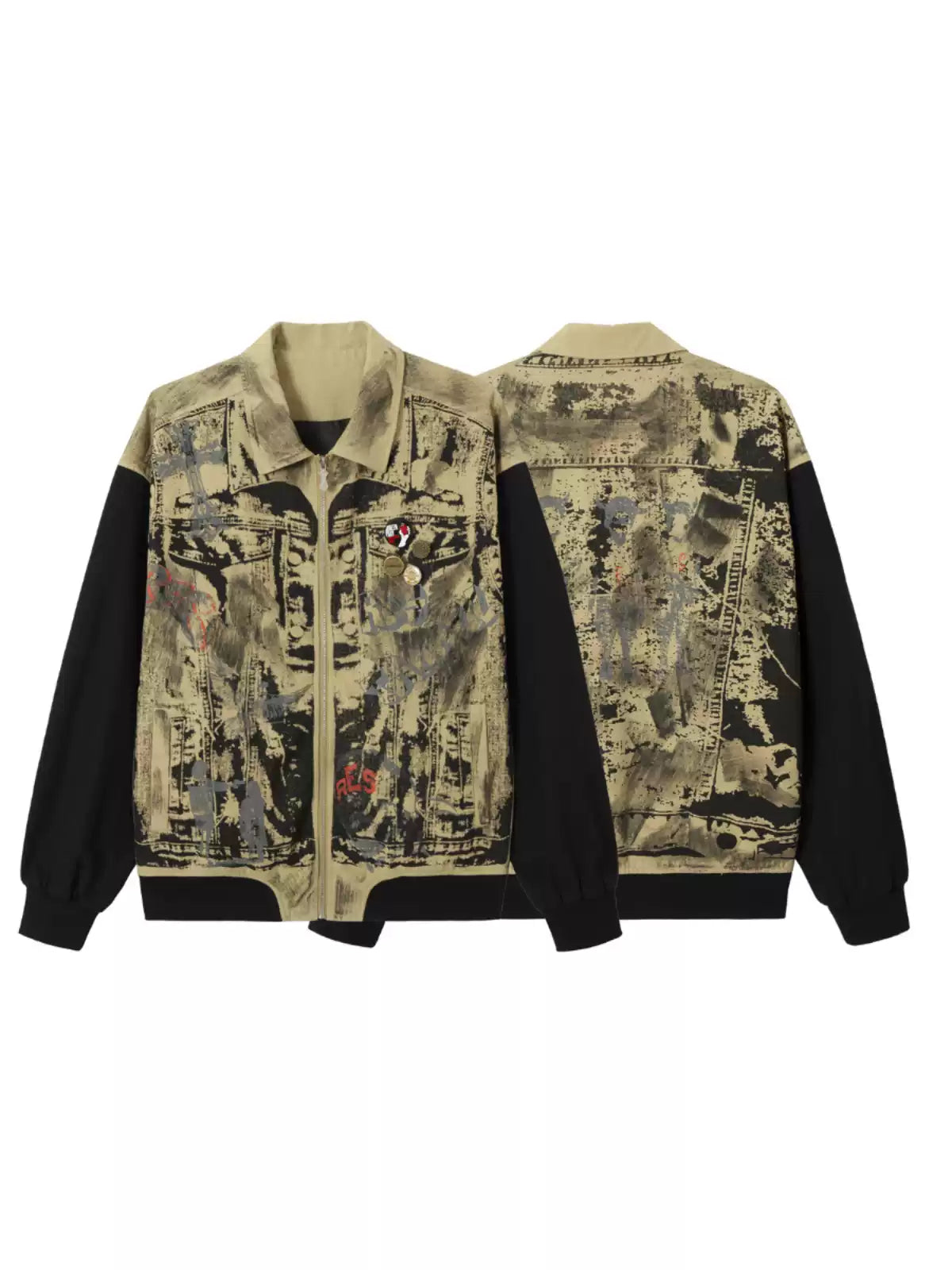 American retro distressed worn graffiti splicing jacket