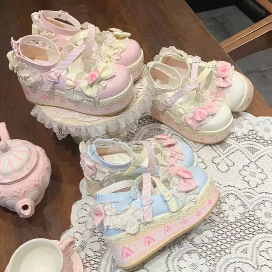 Adorable Lolita Shoes Fairy Lolita Girls Sweet Cream & Strawberry Mary Janes Platform Heels