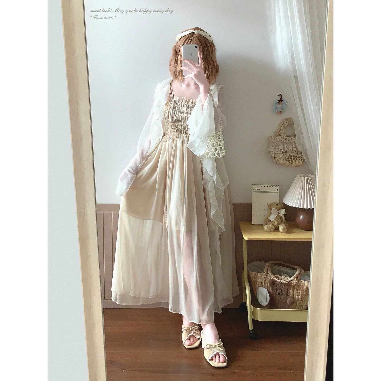 Last Stock yxt* Pearl-Decor Trim Tied Draped Pleated Flowing Chiffon Slip Dress