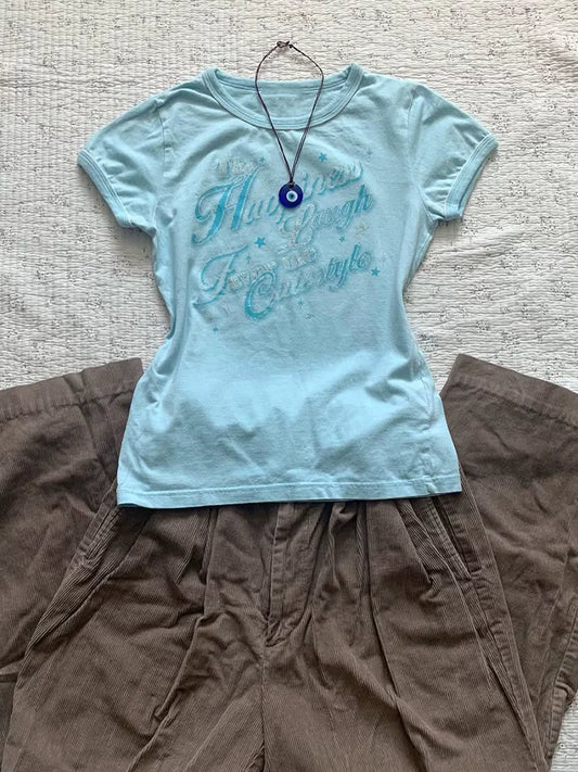Blue Print T-Shirt Summer Sleeved Round-Neck Slim-Fit Flattering T-Shirt New Arrivals
