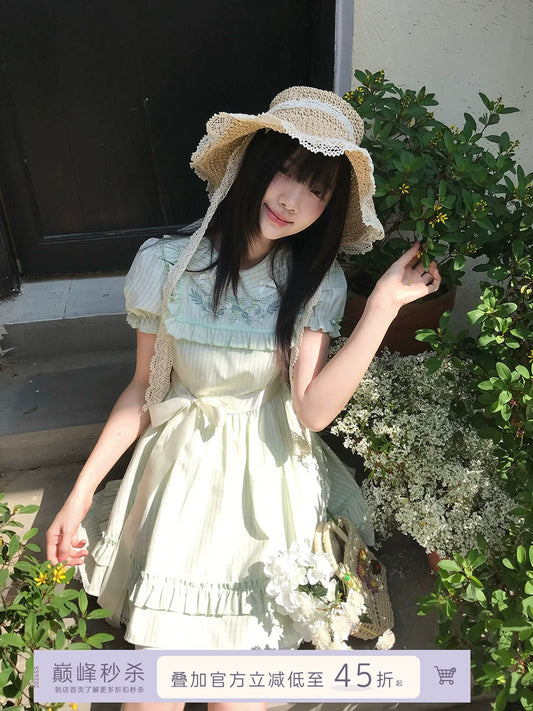 La La Sauce Jasmine Green Grape Japanese Original Green “Oxygen-Fresh” Dress Lace Trim Embroidered Dress for Women Summer