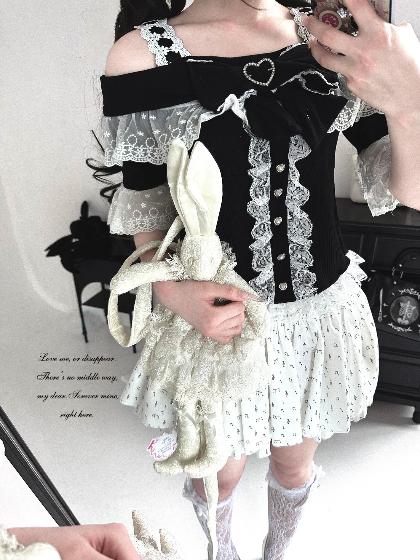 KittyBxllet Original “Minami Shiroyuki” Lace Sheer Cunning One-Shoulder Off-Shoulder Short Sleeve Top