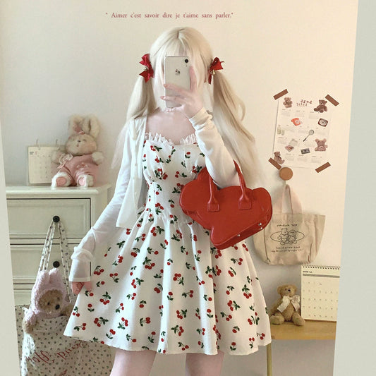 Last-Season Clearance Plus Size Vintage Country Floral Summer Fresh Cherry Print Lace Slip Dress