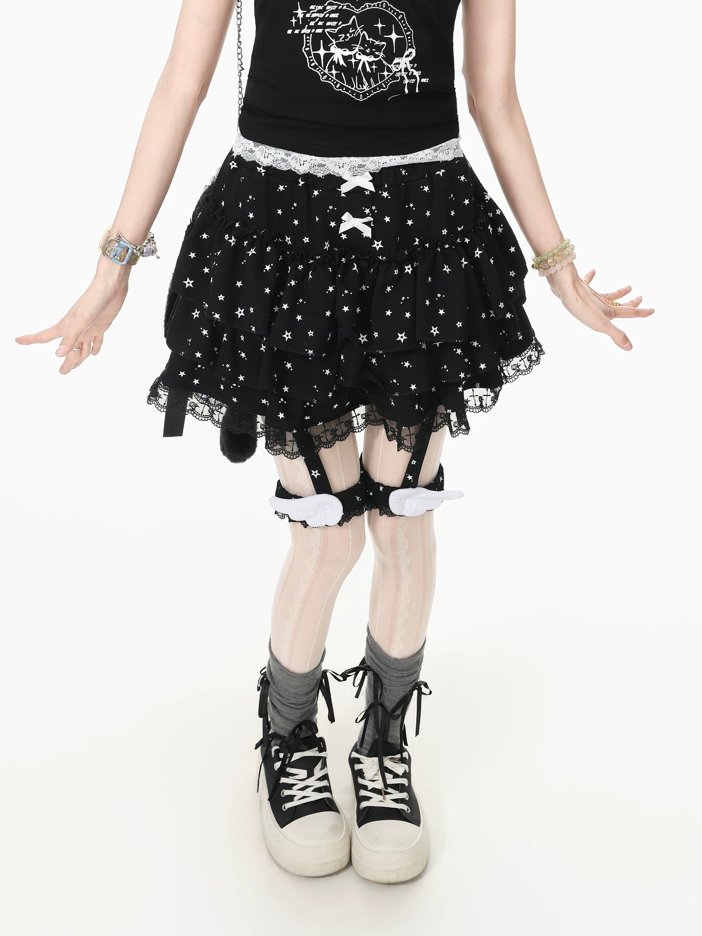 Languid Park Blue-Ghost Park Lace Flounce Petticoat Midi Skirt for Women Summer Bow Lace-Up Short Skirt